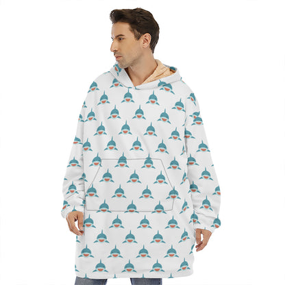 Smiley Shark Pattern Print Hoodie Blanket