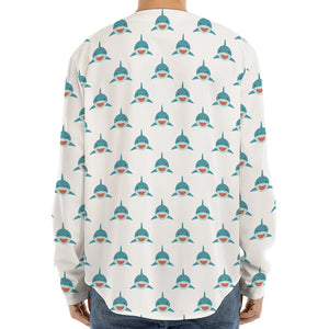 Smiley Shark Pattern Print Long Sleeve Baseball Jersey