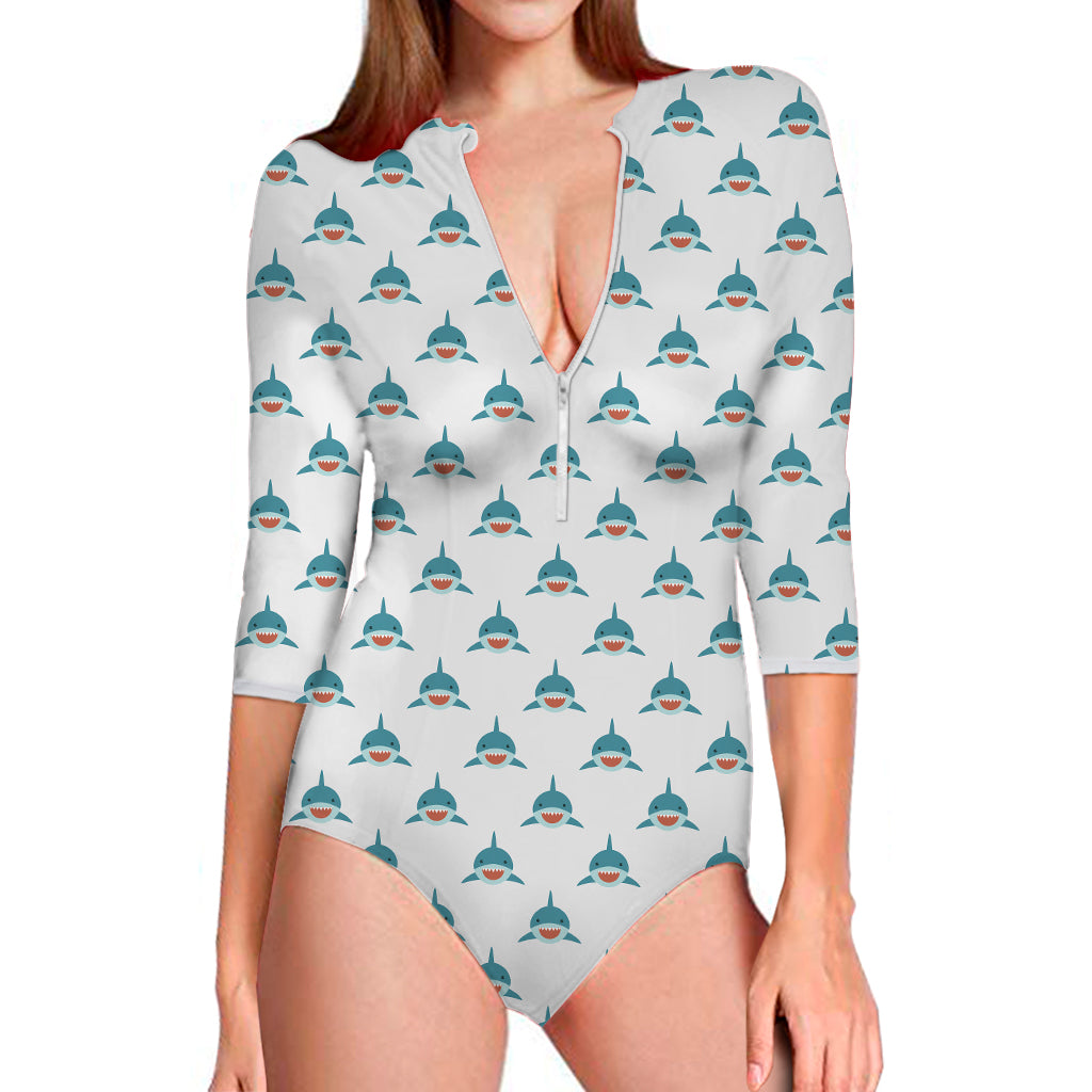 Smiley Shark Pattern Print Long Sleeve Swimsuit