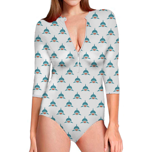 Smiley Shark Pattern Print Long Sleeve Swimsuit