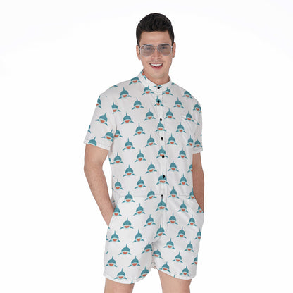 Smiley Shark Pattern Print Men's Rompers