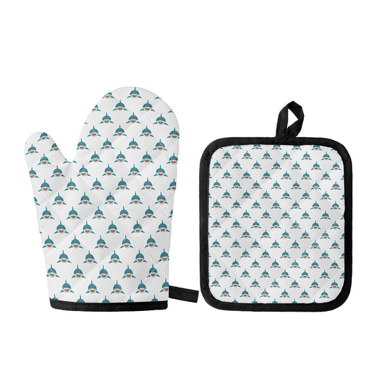 Smiley Shark Pattern Print Oven Mitt And Pot Holder Set