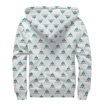 Smiley Shark Pattern Print Sherpa Lined Zip Up Hoodie