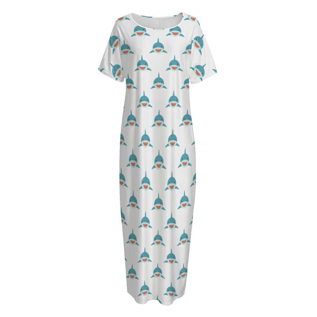 Smiley Shark Pattern Print Short Sleeve Long Nightdress