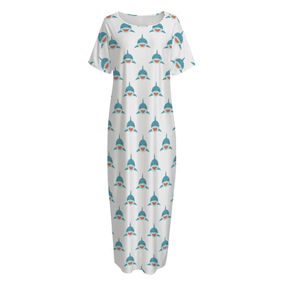 Smiley Shark Pattern Print Short Sleeve Long Nightdress