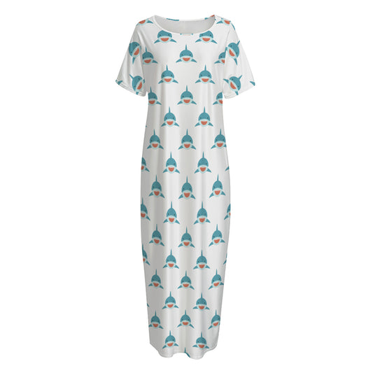 Smiley Shark Pattern Print Short Sleeve Long Nightdress