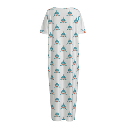 Smiley Shark Pattern Print Short Sleeve Long Nightdress