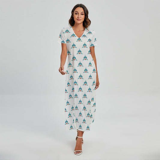 Smiley Shark Pattern Print Short Sleeve Maxi Dress