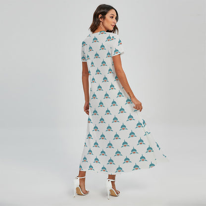 Smiley Shark Pattern Print Short Sleeve Maxi Dress