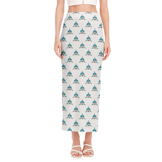 Smiley Shark Pattern Print Side Slit Maxi Skirt