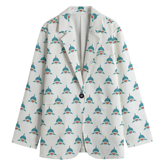 Smiley Shark Pattern Print Women's Cotton Blazer