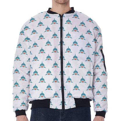 Smiley Shark Pattern Print Zip Sleeve Bomber Jacket
