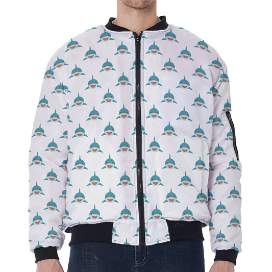 Smiley Shark Pattern Print Zip Sleeve Bomber Jacket