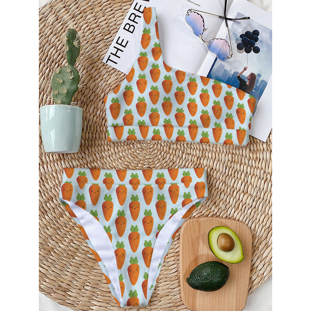 Smiling Carrot Pattern Print One Shoulder Bikini Top