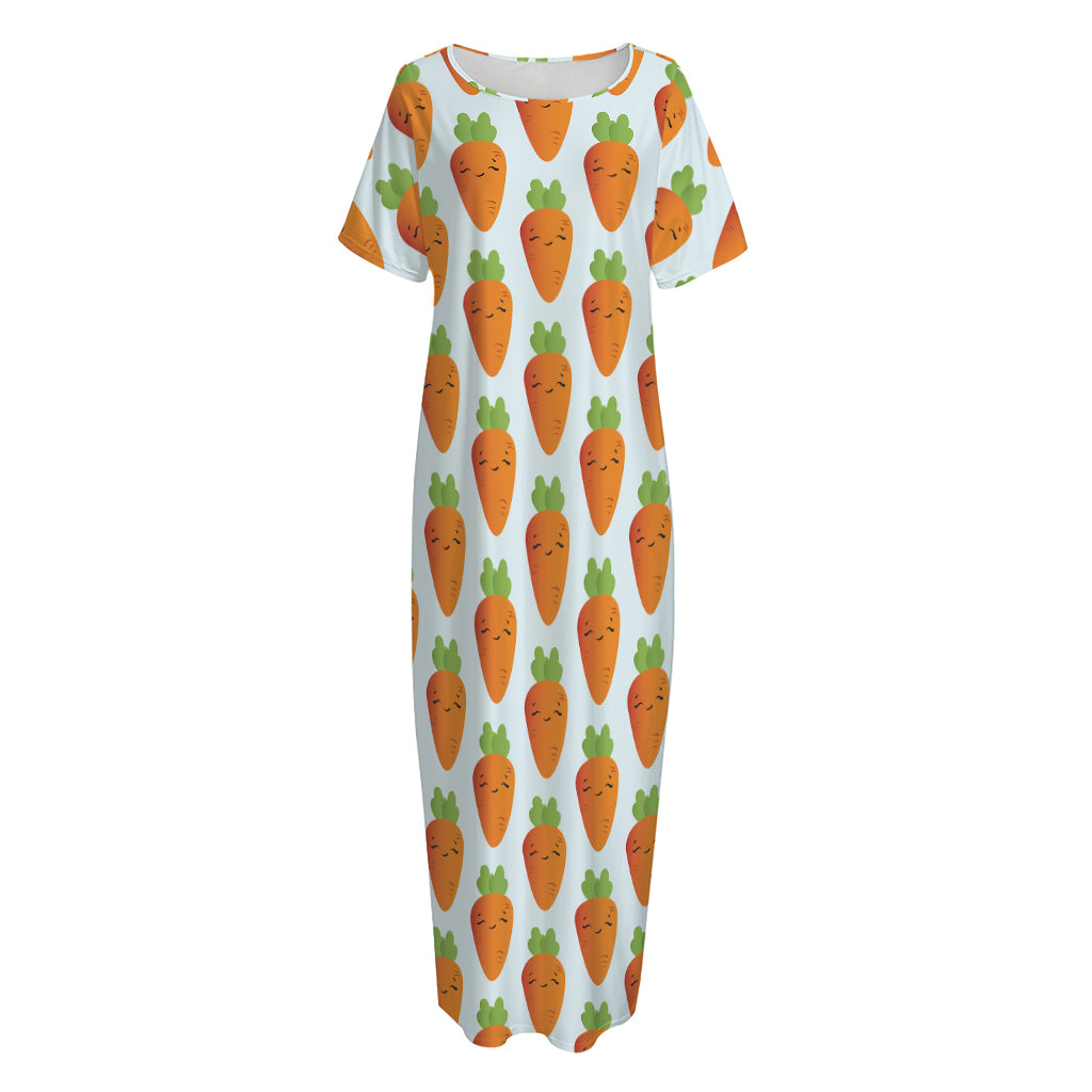 Smiling Carrot Pattern Print Short Sleeve Long Nightdress