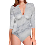 Smoke Grey Marble Print Long Sleeve Swimsuit