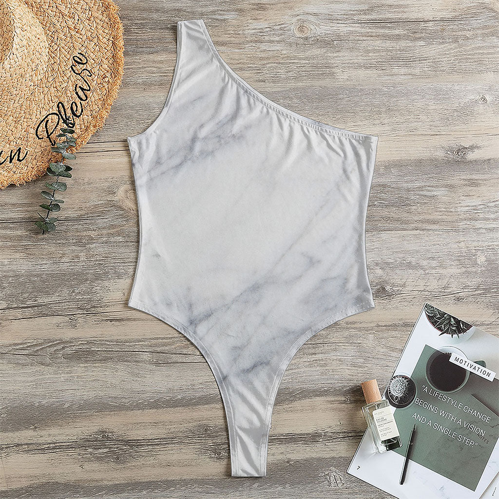 Smoke Grey Marble Print One Shoulder Bodysuit