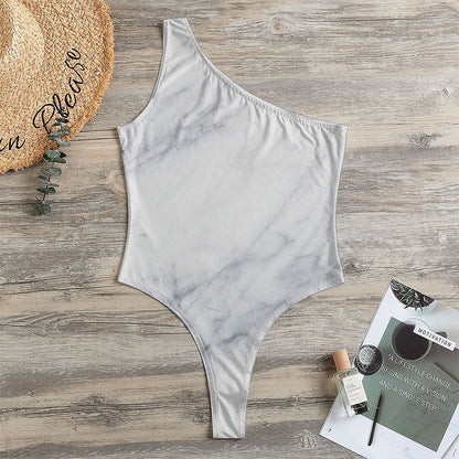 Smoke Grey Marble Print One Shoulder Bodysuit