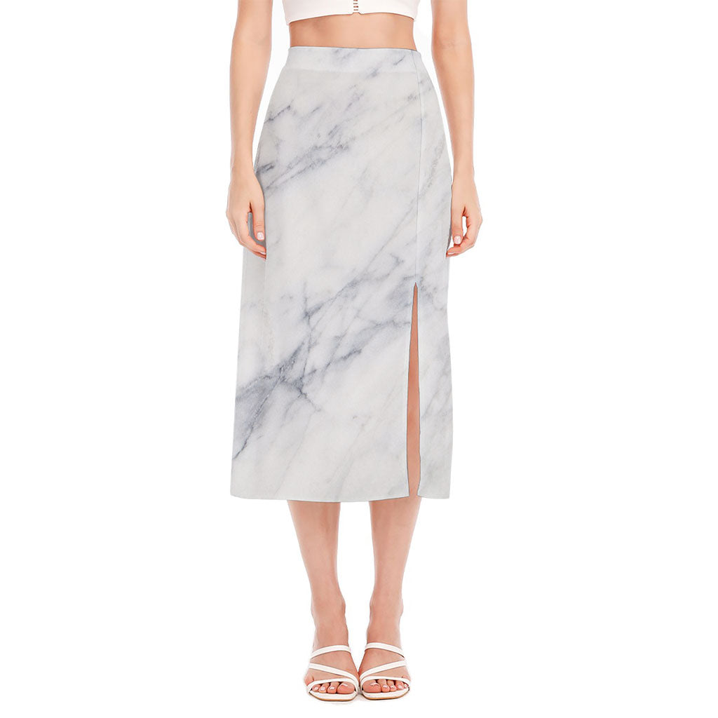 Smoke Grey Marble Print Side Slit Midi Skirt
