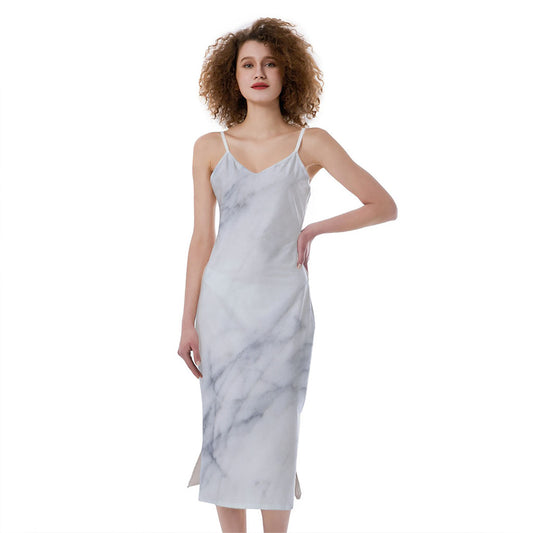 Smoke Grey Marble Print Slim Fit Midi Cami Dress