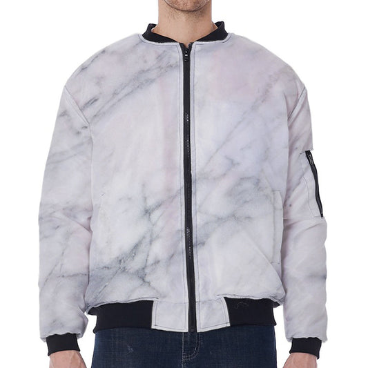 Smoke Grey Marble Print Zip Sleeve Bomber Jacket
