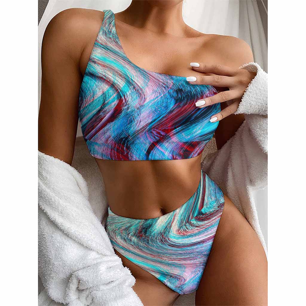 Smoke Psychedelic Trippy Print One Shoulder Bikini Top