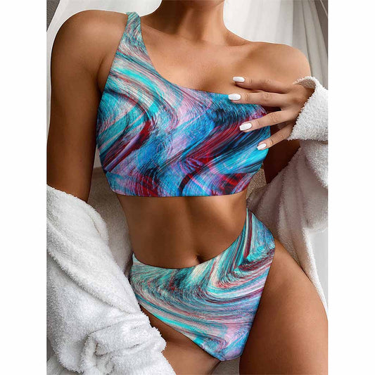 Smoke Psychedelic Trippy Print One Shoulder Bikini Top