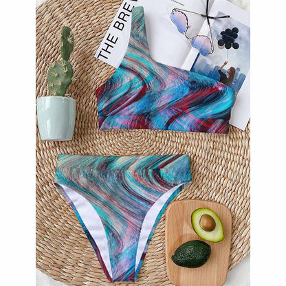Smoke Psychedelic Trippy Print One Shoulder Bikini Top