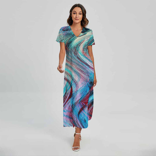 Smoke Psychedelic Trippy Print Short Sleeve Maxi Dress