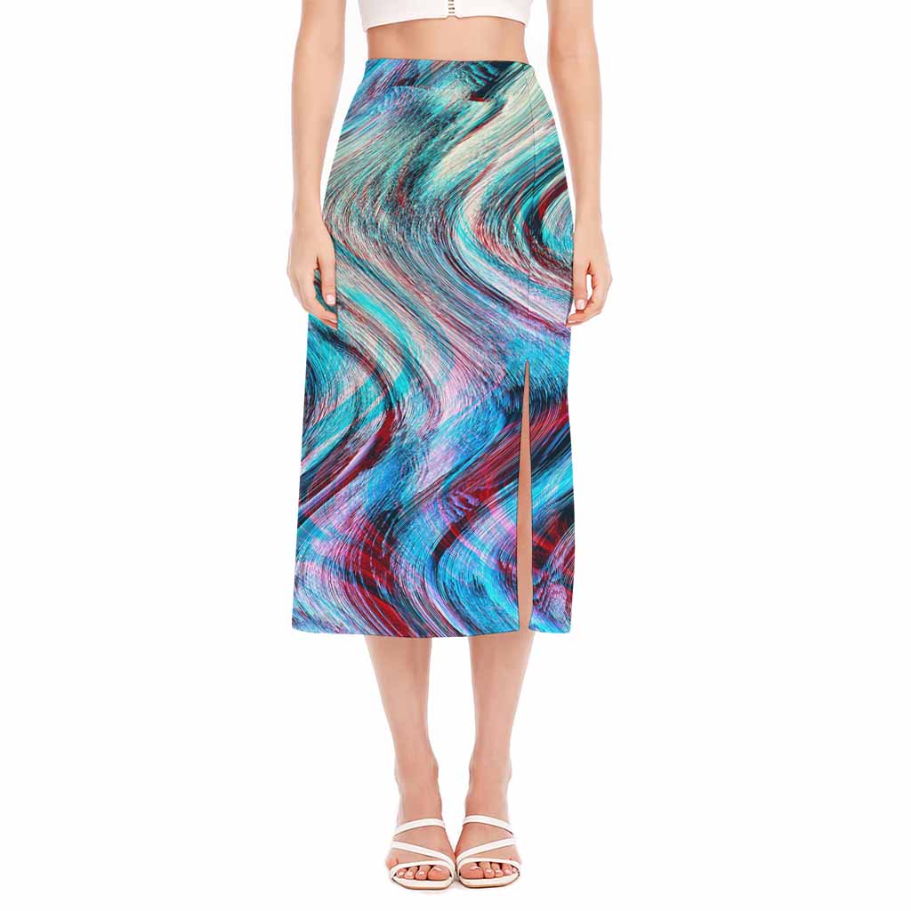 Smoke Psychedelic Trippy Print Side Slit Midi Skirt
