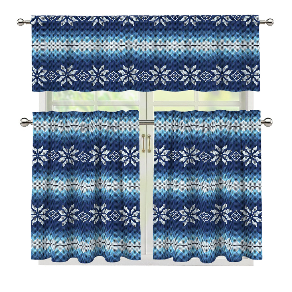 Snow Flower Knitted Pattern Print 3 Piece Kitchen Curtains