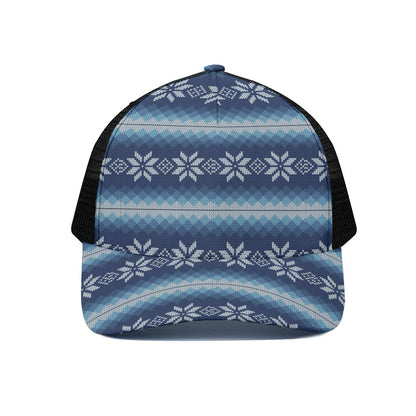Snow Flower Knitted Pattern Print Black Mesh Trucker Cap