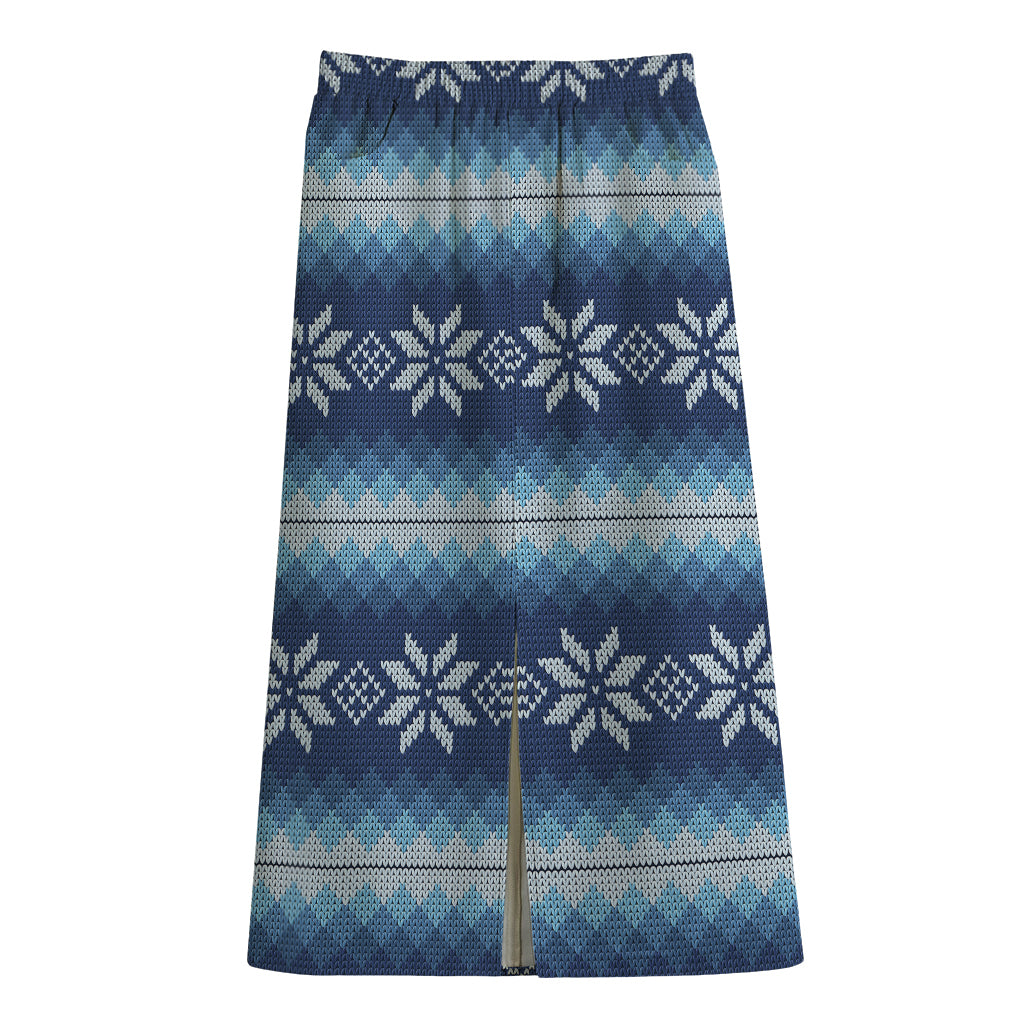 Snow Flower Knitted Pattern Print Cotton Front Slit Maxi Skirt