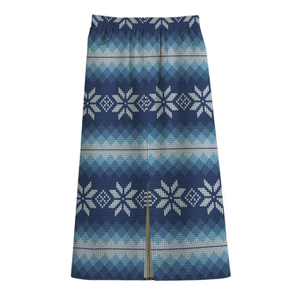 Snow Flower Knitted Pattern Print Cotton Front Slit Maxi Skirt