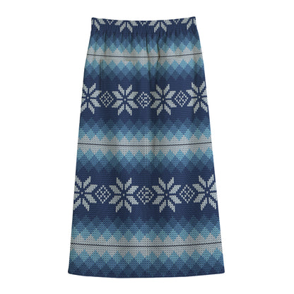 Snow Flower Knitted Pattern Print Cotton Front Slit Maxi Skirt