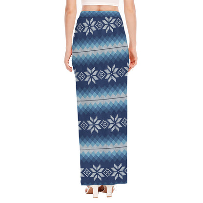 Snow Flower Knitted Pattern Print High Slit Maxi Skirt