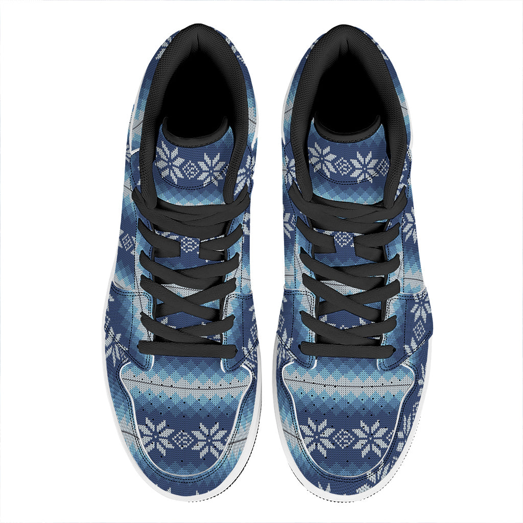 Snow Flower Knitted Pattern Print High Top Leather Sneakers