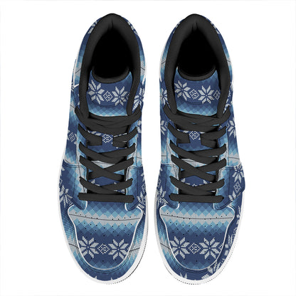 Snow Flower Knitted Pattern Print High Top Leather Sneakers