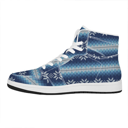 Snow Flower Knitted Pattern Print High Top Leather Sneakers