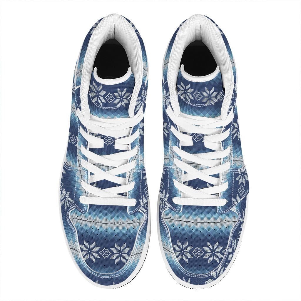 Snow Flower Knitted Pattern Print High Top Leather Sneakers