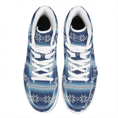 Snow Flower Knitted Pattern Print High Top Leather Sneakers