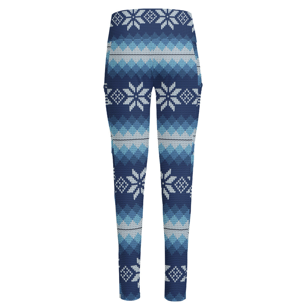 Snow Flower Knitted Pattern Print High-Waisted Pocket Leggings