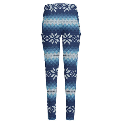 Snow Flower Knitted Pattern Print High-Waisted Pocket Leggings