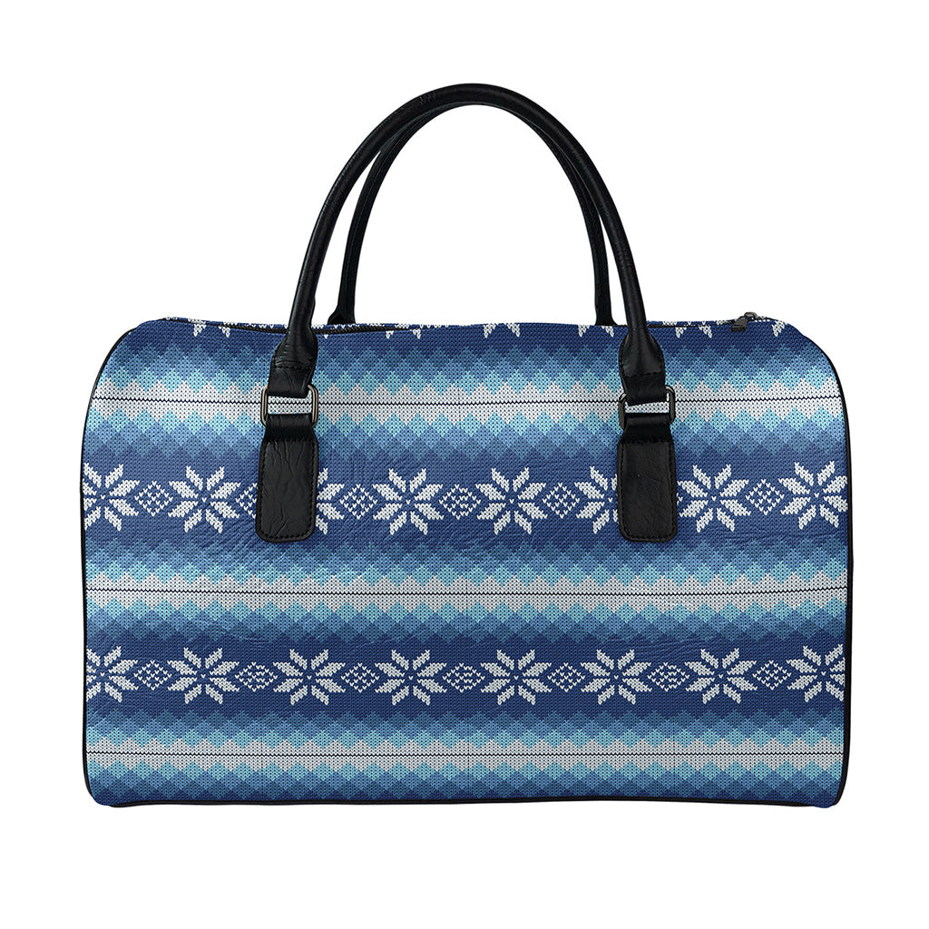 Snow Flower Knitted Pattern Print Leather Duffle Bag