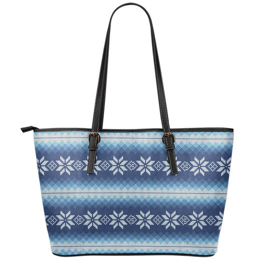Snow Flower Knitted Pattern Print Leather Tote Bag
