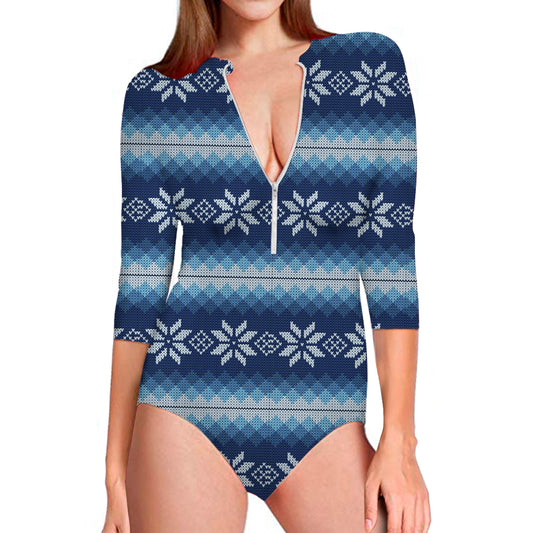 Snow Flower Knitted Pattern Print Long Sleeve Swimsuit