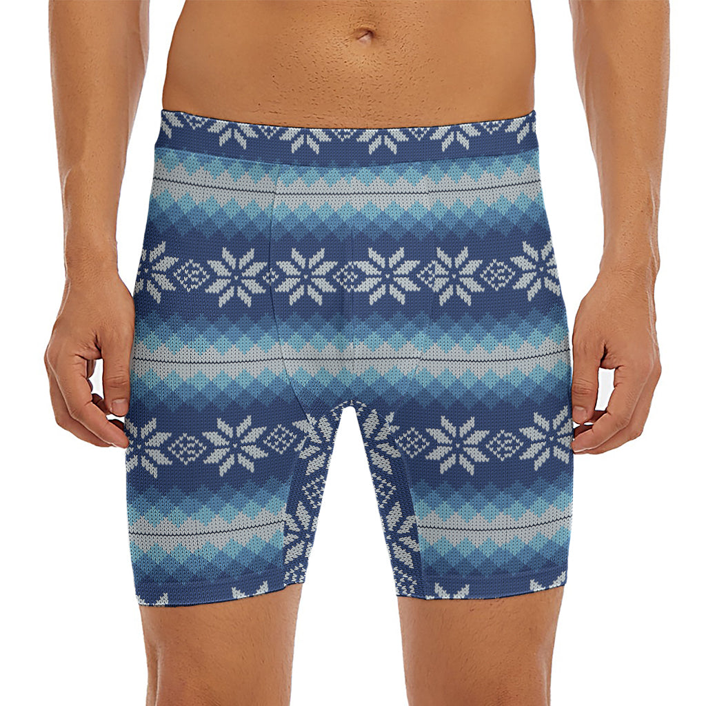 Snow Flower Knitted Pattern Print Men's Long Boxer Briefs