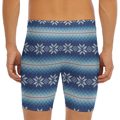 Snow Flower Knitted Pattern Print Men's Long Boxer Briefs