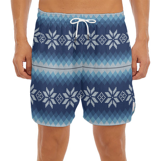 Snow Flower Knitted Pattern Print Men's Split Running Shorts