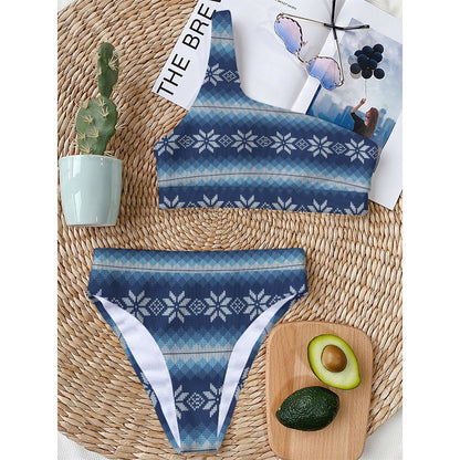 Snow Flower Knitted Pattern Print One Shoulder Bikini Top
